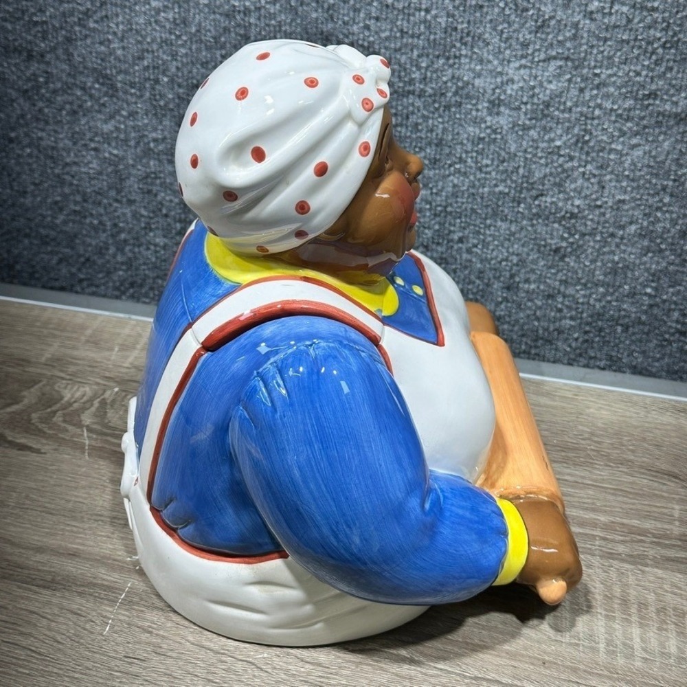Vintage Clay Art Cookie Jar Blue Dress Rolling Pin Americana Kitchen Decor - Picture 4 of 16